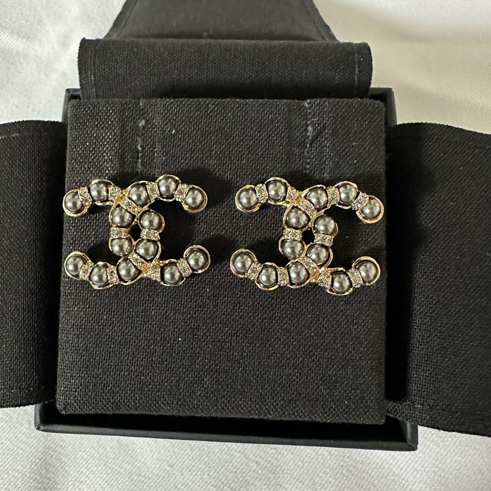 Chanel Gold and Crystal Pearl Stud Earrings